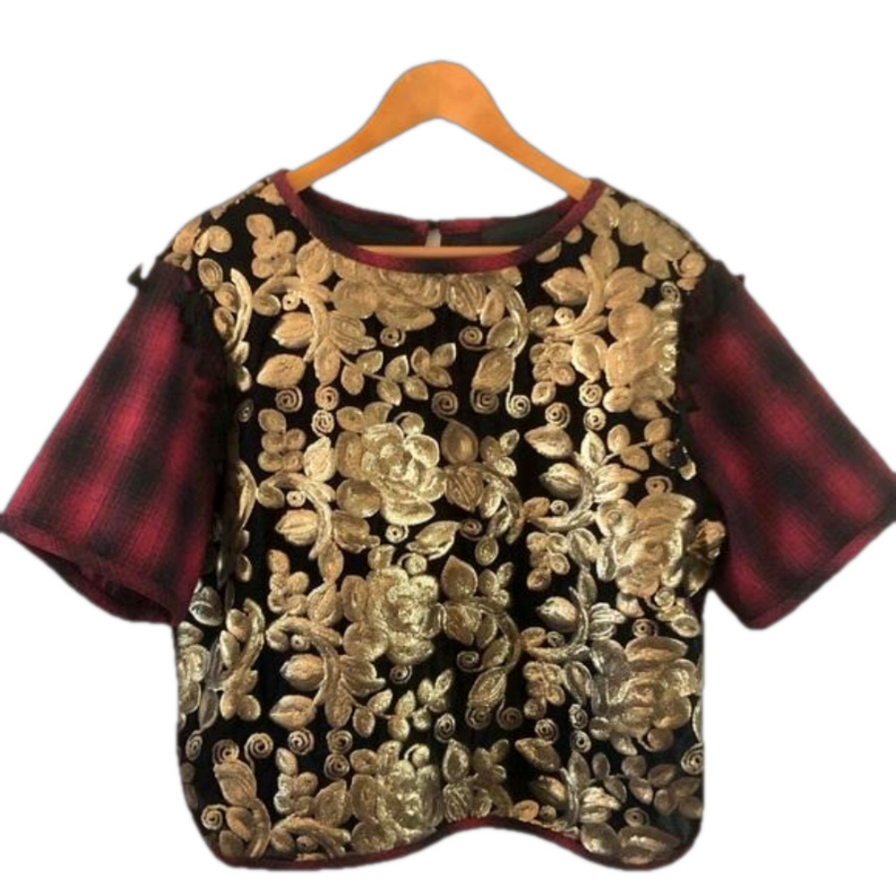 Anthropologie Gold and Red Floral Top